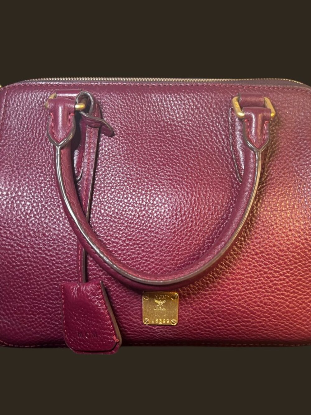 MCM München Burgundy Pebbled Leather Boston Satchel Crossbody Bag Gold Hardware - Picture 2 of 14